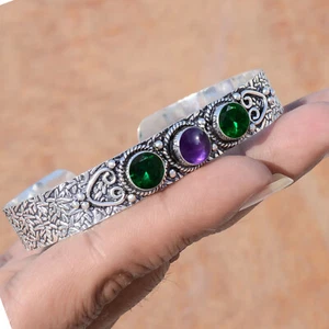 Chrome Diopside & Amethyst Gemstone 925 Sterling Silver Cuff Bangle For Girl's - Picture 1 of 7