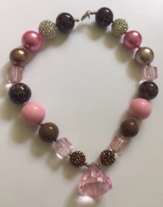New! Diamond Animal Print Necklace Custom Made Beaded 18.5 in Pink Brown - Picture 1 of 6