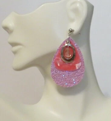 Lágrima rosa brillante con aretes colgantes de plata y cristal ovalados de 2" Foto 1 de 3