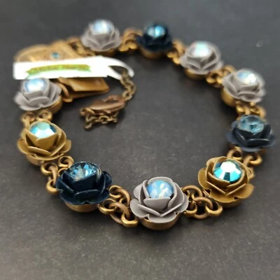 Michal Negrin Bracelet Deep Blue Shades 3D Roses Gray Enamel  AB Crystals Gift 7 - Image 1 of 4