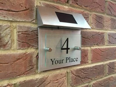 MODERN HOUSE SIGN PLAQUE DOOR NUMBER STREET GLASS ALUMINIUM EFFECT SOLAR LIGHT - Image 1 of 3