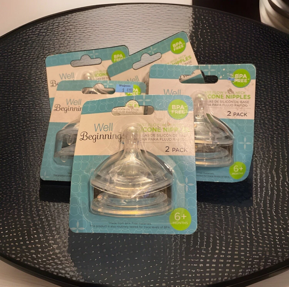 Pezones de silicona de flujo rápido Well Beginnings sin BPA 6+ meses nuevo en paquete 5 paquetes de 2 Foto 1 de 3