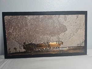 Arte de cobre vintage Johannes Wilhelmus Van Dartelen granjero y bueyes sobre piedra - Imagen 1 de 9