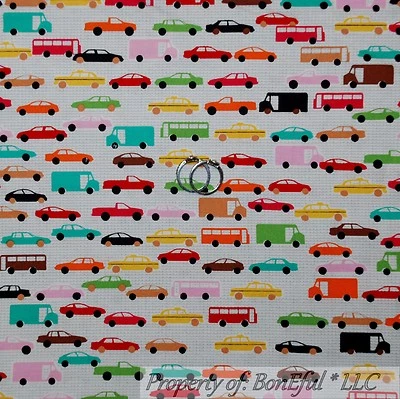 BonEful Fabric FQ Cotton Quilt Gray Pink Blue B&W CAR City Girl Taxi Cab NYC USA - Image 1 of 4