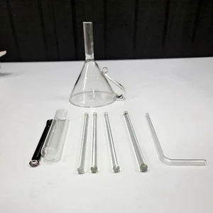 (8pc) Glass Labware Utensils Set Funnel Test Tube Probe Stir Stick Metal Scoop - Picture 1 of 12