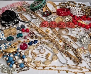 vintage costume jewelry lot all wearable many signed earrings brooch necklace + - Picture 1 of 24