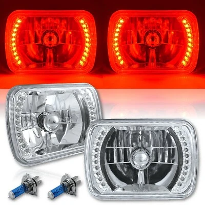 7X6 Red LED Halo Halogen Crystal Clear Headlights Angel Eye Light H4 Bulbs Pair - Image 1 of 4