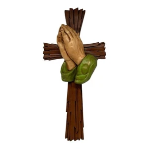 Vintage Chalkware Plaster Religious Praying Hands on Cross Wall Hanging Plaque - Picture 1 of 15