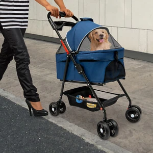 Blue Foldable Pet Cart 4 Wheel Small/Medium Dog Cat Carrying Cart Puppy Carrier - Picture 1 of 24