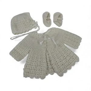 Vintage Baby gehäkelt handgestrickt elfenbeinfarben Pullover Mütze Booties Perlenband Winter - Bild 1 von 11