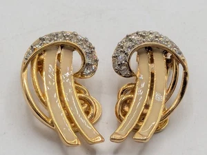 Vintage Ohrclips goldfarben creme emailliert Strass - Bild 1 von 11
