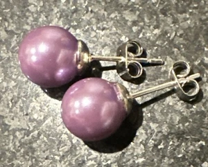 Freshwater Purple Cultured Pearl 8mm Button Stud Earrings New In Gift Box - Picture 1 of 4