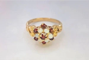 Vintage 9ct Yellow Gold Opal And Garnet Cluster Ring, 3.33g, Size N1/2 to O, UK - Picture 1 of 9