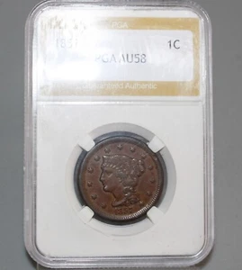 Moneda de centavo grande de Estados Unidos 1857 cabello trenzado 1 c circulada AU centavo de fecha pequeña - Imagen 1 de 8