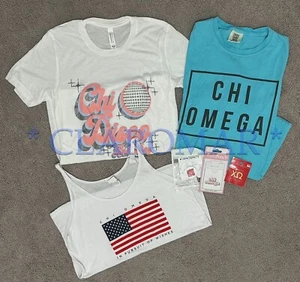 LOT Chi Omega Sorority Popsocket Phone Pouch Sticker T-Shirts Tops Bid Day Small - Picture 1 of 9