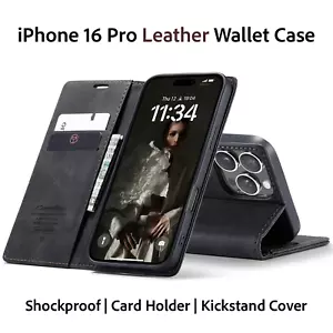 iPhone 16 Pro Leather Wallet Case | Shockproof | Card Holder | Kickstand Cover - Picture 1 of 7
