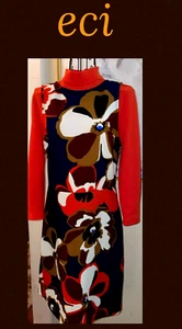 ECI NEW YORK RETRO 60'S MOD LAYERED LOOK DRESS~MOCK TURTLENECK~BLUE,ORANGE~SMALL - Picture 1 of 6