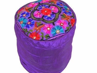 Purple Round Pouf Footstool Cover Floral Embroidered Ottoman Slipcover 16" - Image 1 of 3