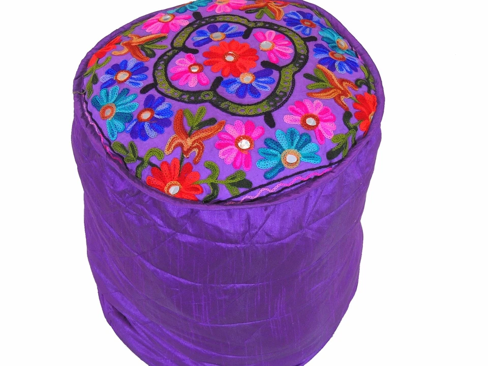 Purple Round Pouf Footstool Cover Floral Embroidered Ottoman Slipcover 16" - Image 1 of 3
