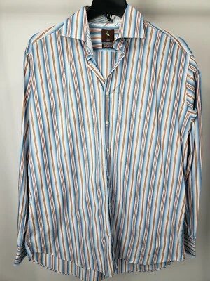Camisa TAILORBYRD branca azul laranja listra amarela algodão botão para baixo tamanho XL - Imagem 1 de 2