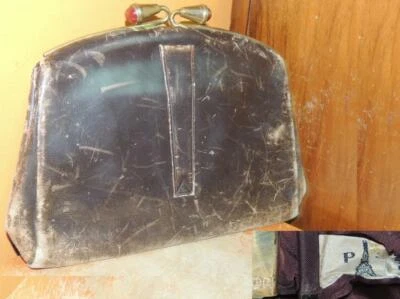 Art Deco Purse Bag Leather strap C L Lining silk? P S Eiffel Tower agate / glass - Image 1 of 4