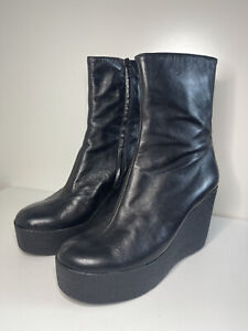 ROBERT CLERGERIE Black Leather Platform Wedge Boots Size UK5