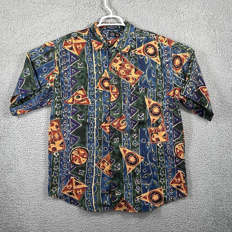 Montage Pour Homme 100% Silk Shirt Mens L Blue Geometric Pattern Button Up - Image 1 of 4