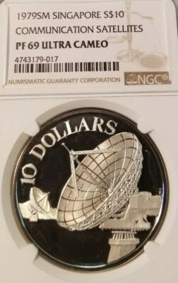 Singapur 1979 plata $10 satélites de comunicación NGC PF 69 ultra camafeo top pop Foto 1 de 3