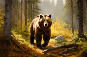 Bear in the Forest Nature Oil Painting Printed on Canvas Home Decor Wall Art - Picture 1 of 6