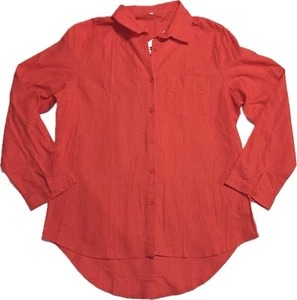 Linen Button Up Tunic Shirt Long Roll Tab Sleeve High Low Hem Salmon Red Sz XL - Picture 1 of 9