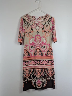 Charter Club Abstract Patterned Short Sleeve Knee Length Dress Medium Pink Tan - Image 1 of 4