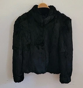 Chaqueta De Colección Teñida Negra Piel De Conejo Grande Cuello Simulado Boho Clásico Festival - Imagen 1 de 14