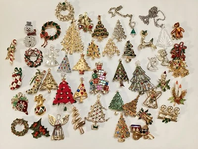 60+ pc Christmas Holiday Tree Pin Jewelry Lot Signed Avon DeNicola ART Monet  - Image 1 of 4