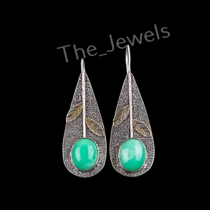 Natural Chrysoprase Gemstone 925 Sterling Silver Jewelry Drop Earrings 2.00" - Picture 1 of 6