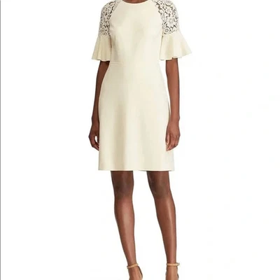 Ralph Lauren Sz 10 Ivory Short Bell Sleeve Round Neck Lace Trim Crepe Dress NEW - Image 1 of 4