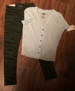SO Girls SS Green Button Up Dress Knit Type Top & Camo Green Leggings Sz7/8 (M) - Picture 1 of 8