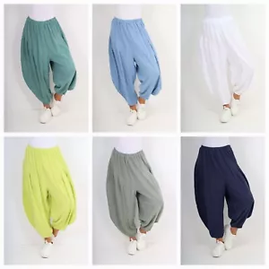 Italian Baggy cocoon Relaxed Fit Harem Pants Comfy Casual Trousers Linen Pants - Picture 1 of 12