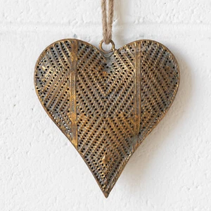 Hanging Heart Decoration 15cm Aged Gold Colour Home Wall Decor Christmas Tree - Picture 1 of 5