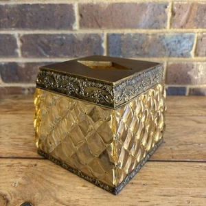 VTG Heavy Amber Acrylic Square Tissue Box Holder Cover Hollywood Regency Style - Picture 1 of 16