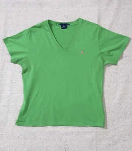 Vintage Ralph Lauren Polo Short V-neck Green Cotton T-shirt Pink Pony Women’s M - Picture 1 of 4