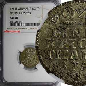 German States PRUSSIA 1754 F 1/24 Thaler NGC AU58 LIGHT TONING  KM# 263 (013) - Picture 1 of 3