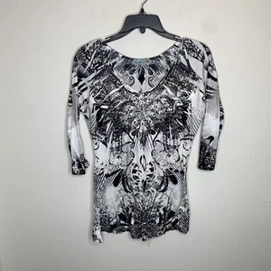 Unity World Wear Women MP Petite Black Gray White Paisley 3/4 Sleeve Shirt - Picture 1 of 7
