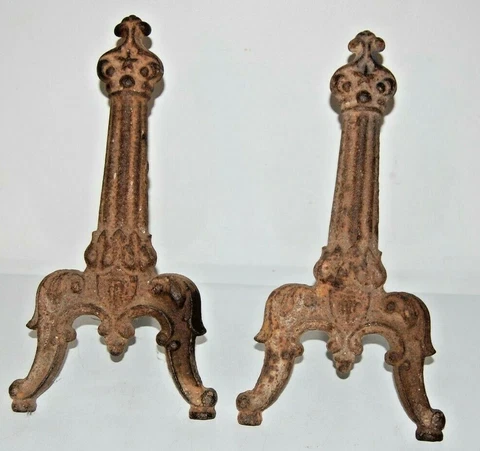 Civil War Era Military Style Foundry Cast Iron Andirons Epaulet Legs/Shield/Star Cover