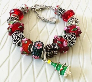 Xmas Holiday Christmas Red & Silver European Charm Bracelet 5-3/4 To 6-3/4” Adj - Picture 1 of 6