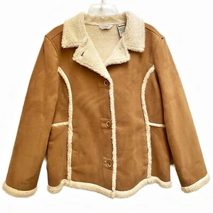 LL Bean Jacket Faux Suede Sherpa Lined Coat Jacket Women's XL Brown Warm Winter - Picture 1 of 7
