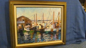 "H.T. Hibbard" Gloucester Harbor Oil Painting Fishing Boats in Harbor - Picture 1 of 14