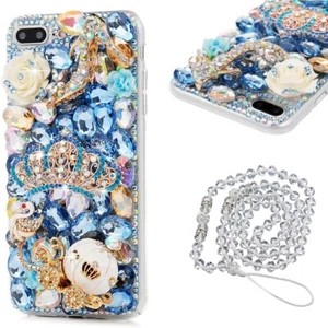 Funda de teléfono para mujer con corona azul brillante Bling Diamonds con cordón de cuello de cristales - Imagen 1 de 12