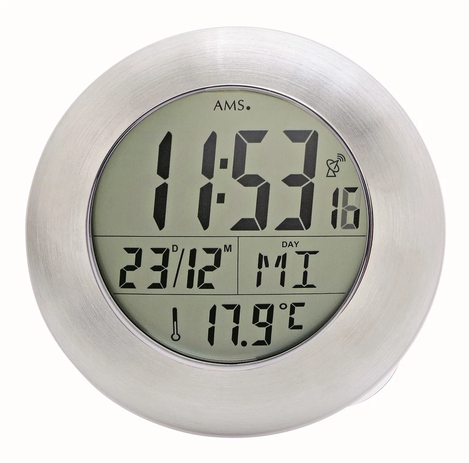 AMS 5929 Wanduhr Funk Funkwanduhr Baduhr LCD Anzeige Aluminiumgehäuse silber - Bild 1 von 1