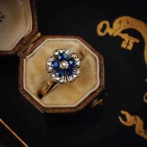 Antique Like Round Sapphire Simulated Diamond Flower Ring 14k Yellow Gold Silver