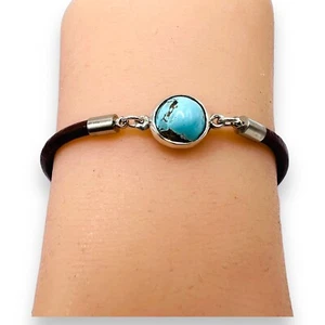 Natural  Blue Turquoise Round Sterling Silver Pendant  Leather Bracelet 6.5" - Picture 1 of 10
